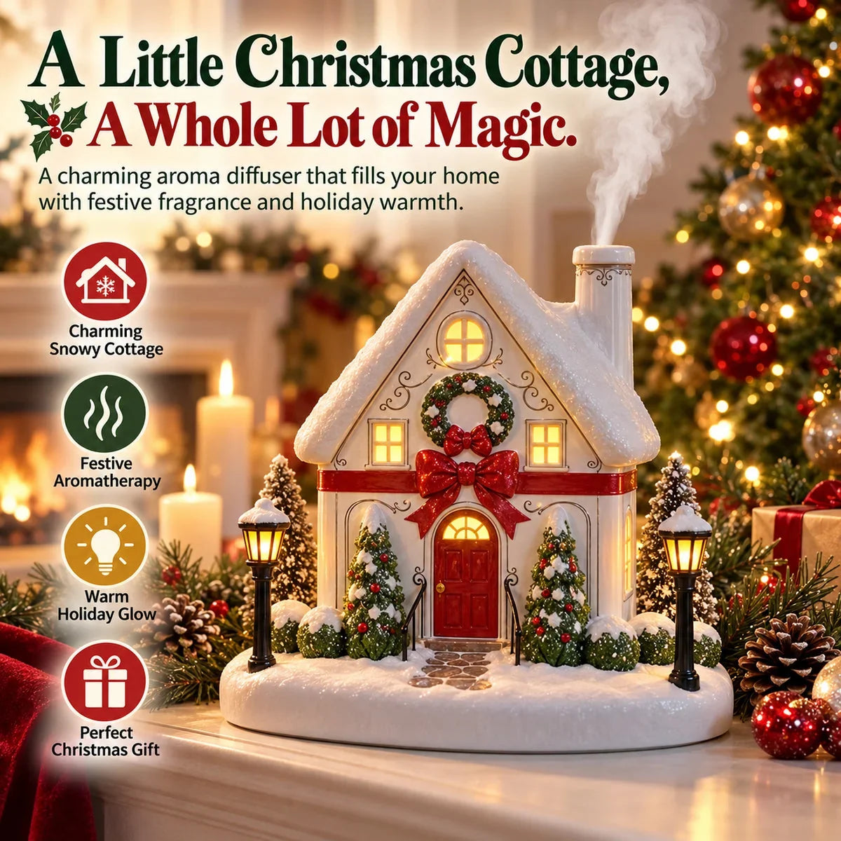 🎄 Magical Christmas Cottage Aroma Diffuser – Light-Up Snowy House Holiday Decoration ✨