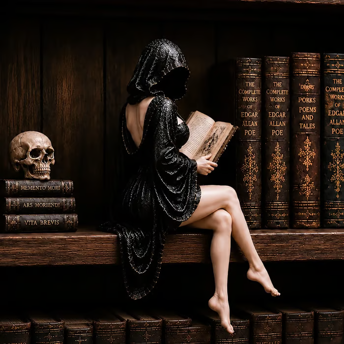 🔥LAST DAY 50% OFF - 🖤Gothic Hooded Reader Figurine – Dark Academia Bookshelf Decor📖