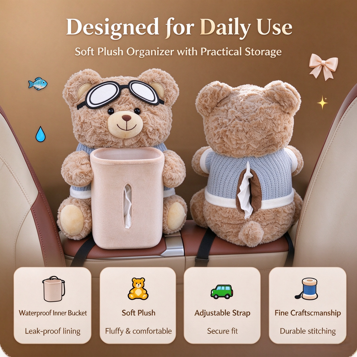 ✨🔥 Flash Sale! Creative Bear Car Armrest Organizer, Tissue Holder & Trash Bin