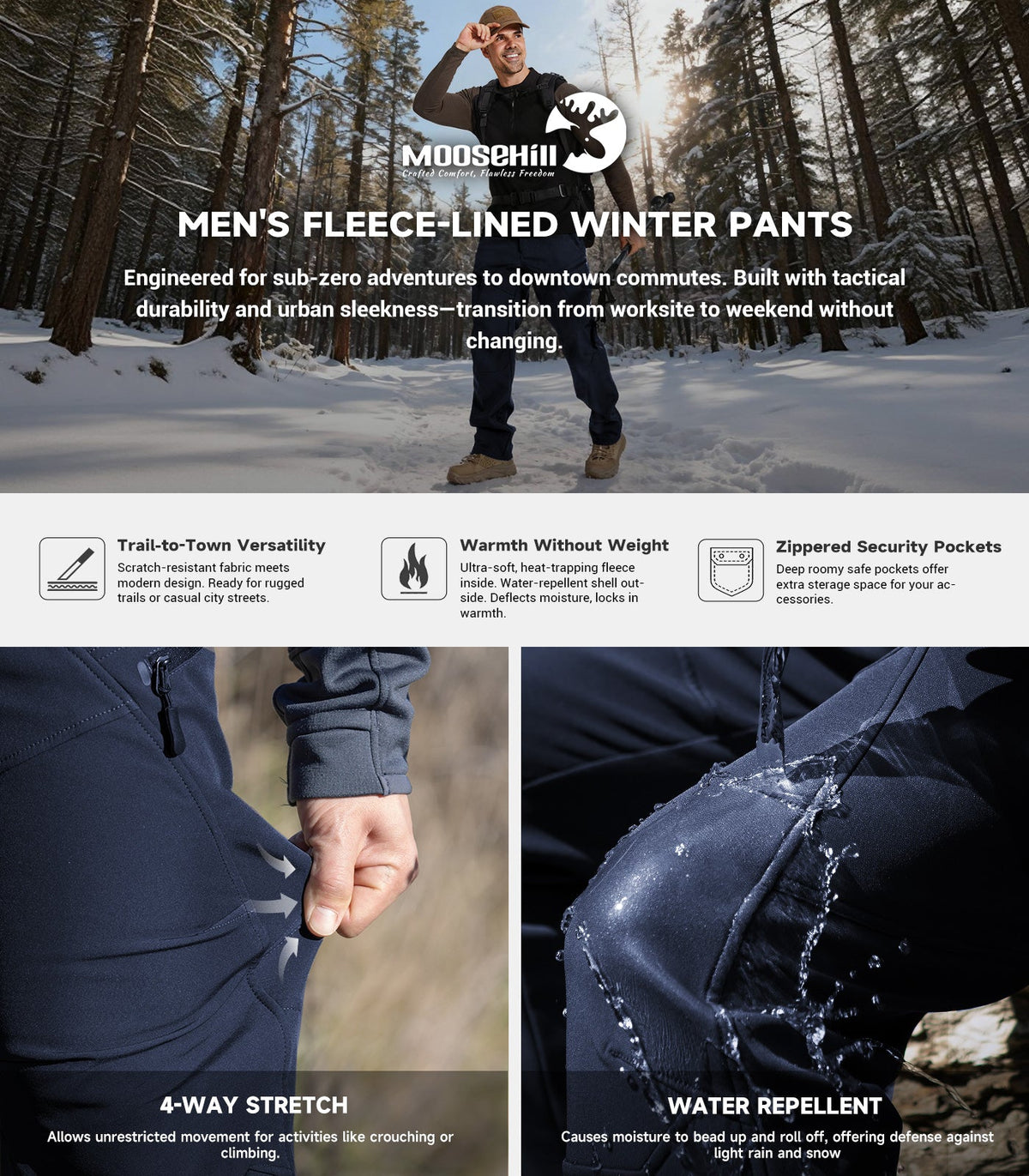 Men's Snow Ski Fleece lined Pants - SnowVenture M054
