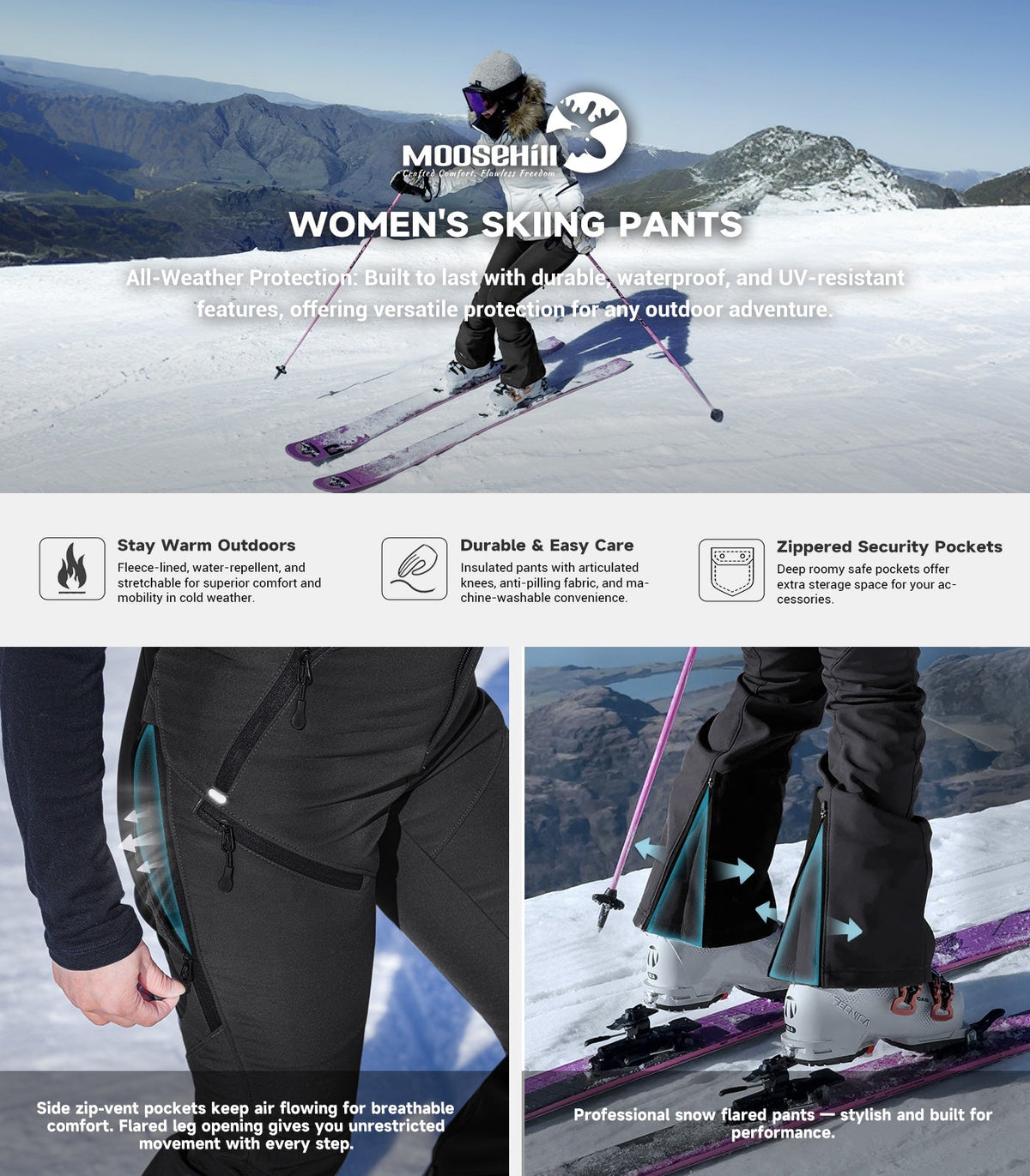 Women's Snow Ski Fleece lined Pants - SnowVenture W048