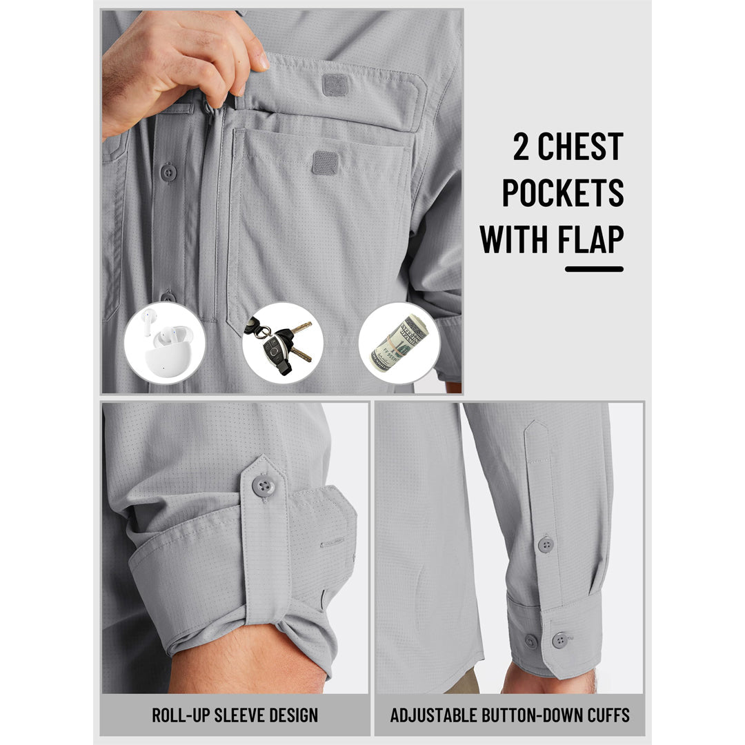 Men's Fishing Shirts UPF Sun Protection Shirts with Zipper Pockets
