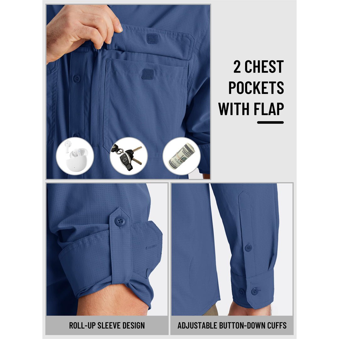 Men's Fishing Shirts UPF Sun Protection Shirts with Zipper Pockets