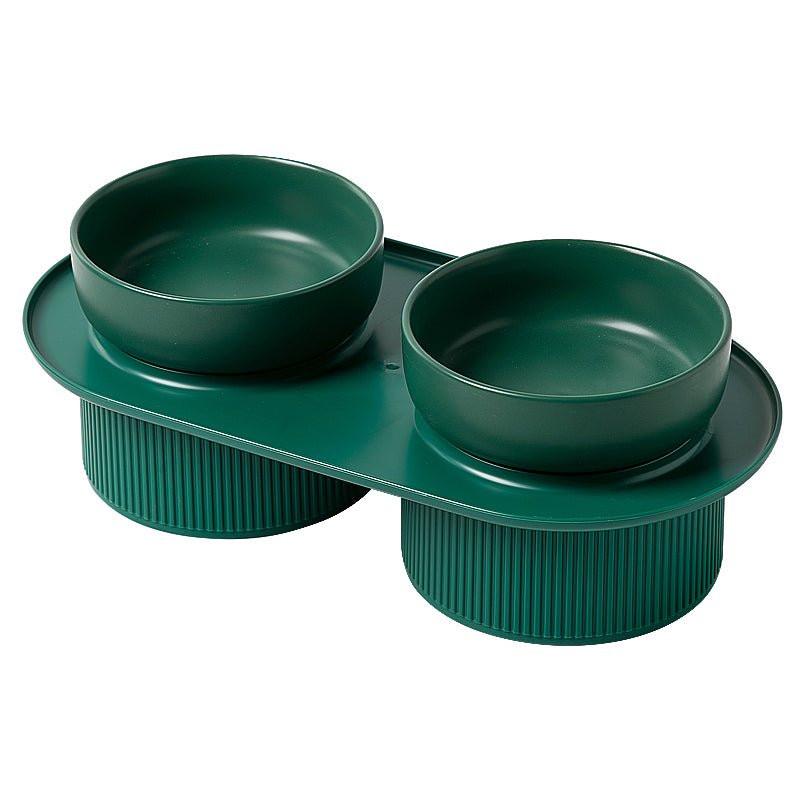 HOPD Ribbed Ceramic Double Pet Bowl 3pc Set - Emerald